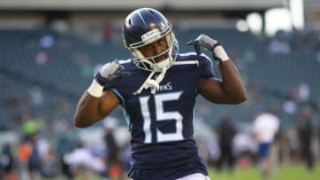 PHILADELPHIA, PA - AUGUST 08: Darius Jennings #15 of the Tennessee Titans dances on the field prior to the preseason game against the Philadelphia Eagles at Lincoln Financial Field on August 8, 2019 in Philadelphia, Pennsylvania. (Photo by Mitchell Leff/Getty Images)