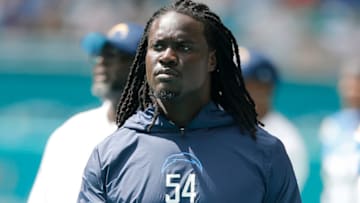 MIAMI, FLORIDA - SEPTEMBER 29: Melvin Ingram #54 of the Los Angeles Chargers looks on against the Miami Dolphins during the third quarter at Hard Rock Stadium on September 29, 2019 in Miami, Florida. (Photo by Michael Reaves/Getty Images)