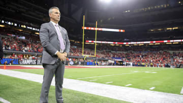 INDIANAPOLIS, INDIANA - DECEMBER 07: Urban Meyer watches the action during the BIG Ten Football Championship at Lucas Oil Stadium on December 07, 2019 in Indianapolis, Indiana. (Photo by Andy Lyons/Getty Images)