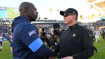 CARSON, CA - DECEMBER 15: Head coach Anthony Lynn of the Los Angeles Chargers and head coach Mike Zimmer of the Minnesota Vikings shake hands after the game at Dignity Health Sports Park on December 15, 2019 in Carson, California. (Photo by Jayne Kamin-Oncea/Getty Images)