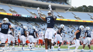 CHAPEL HILL, NC - OCTOBER 10: Dyami Brown #2 of North Carolina celebrates after a touchdown during a game between Virginia Tech and North Carolina at Kenan Memorial Stadium on October 10, 2020 in Chapel Hill, North Carolina. (Photo by Andy Mead/ISI Photos/Getty Images)