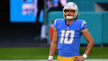Nov 15, 2020; Miami Gardens, Florida, USA; Los Angeles Chargers quarterback Justin Herbert (10) looks on prior to the game against the Miami Dolphins at Hard Rock Stadium. Mandatory Credit: Jasen Vinlove-USA TODAY Sports
