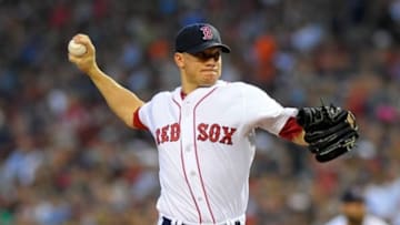 Aug 31, 2013; Boston, MA, USA; Boston Red Sox starting pitcher Jake Peavy (44) pitches during the first inning against the Chicago White Sox at Fenway Park. Mandatory Credit: Bob DeChiara-USA TODAY Sports