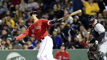 May 1, 2015; Boston, MA, USA; Boston Red Sox right fielder Allen Craig (5) hits a home run during the fourth inning against the New York Yankees at Fenway Park. Mandatory Credit: Bob DeChiara-USA TODAY Sports