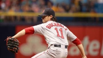 Apr 23, 2015; St. Petersburg, FL, USA; Boston Red Sox starting pitcher Clay Buchholz (11) throws a pitch against the Tampa Bay Rays at Tropicana Field. Mandatory Credit: Kim Klement-USA TODAY Sports