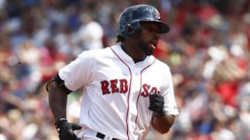 Aug 15, 2015; Boston, MA, USA; Boston Red Sox right fielder Jackie Bradley Jr. (25) rounds the bases after hitting a home run against the Seattle Mariners during the second inning at Fenway Park. Mandatory Credit: Mark L. Baer-USA TODAY Sports