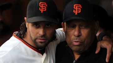 Apr 10, 2014; San Francisco, CA, USA; San Francisco Giants Angel Pagan (16) greets former San Francisco Giant and hall of famer Orlando Cepeda in the dugout prior to their MLB baseball game with the Arizona Diamondbacks at AT&T Park. Mandatory Credit: Lance Iversen-USA TODAY Sports