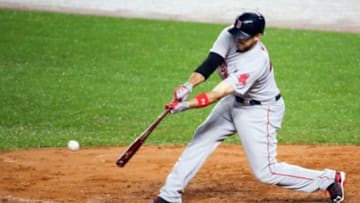 Oct 1, 2015; Bronx, NY, USA; Boston Red Sox first baseman Travis Shaw (47) singles to left center during the fourth inning against the New York Yankees at Yankee Stadium. Mandatory Credit: Anthony Gruppuso-USA TODAY Sports
