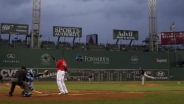 May 30, 2014; Boston, MA, USA; Boston Red Sox designated hitter David Ortiz (34) is hit by a pitch from Tampa Bay Rays starting pitcher David Price (14) during the first inning at Fenway Park. Mandatory Credit: David Butler II-USA TODAY Sports
