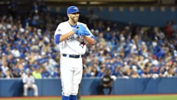 Oct 8, 2015; Toronto, Ontario, CAN; Toronto Blue Jays starting pitcher David Price reacts in the fifth inning against the Texas Rangers in game one of the ALDS at Rogers Centre. Mandatory Credit: Nick Turchiaro-USA TODAY Sports