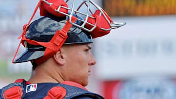 Mar 9, 2015; Jupiter, FL, USA; Boston Red Sox catcher Christian Vazquez (7) looks on from home plate during a spring training baseball game against the Boston Red Sox at Roger Dean Stadium. Mandatory Credit: Steve Mitchell-USA TODAY Sports