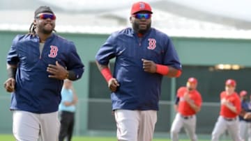Feb 24, 2016; Lee County, FL, USA; Boston Red Sox infielder Hanley Ramirez (left) and infielder David Ortiz (34) jog during the workout at Jet Blue Park. Mandatory Credit: Jonathan Dyer-USA TODAY Sports