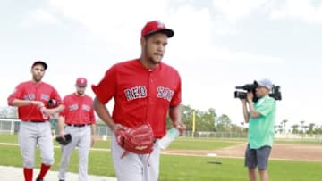 Feb 20, 2016; Lee County, FL, USA; Boston Red Sox starting pitcher Eduardo Rodriguez (52), starting pitcher David Price (24) and teammates during work outs at Jet Blue Park. Mandatory Credit: Kim Klement-USA TODAY Sports