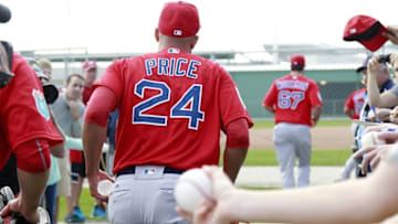 Feb 20, 2016; Lee County, FL, USA; Boston Red Sox starting pitcher David Price (24) switches fields as he works out at Jet Blue Park. Mandatory Credit: Kim Klement-USA TODAY Sports