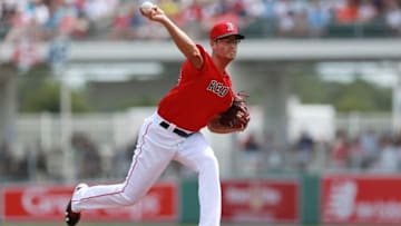 Mar 14, 2016; Fort Myers, FL, USA; Boston Red Sox starting pitcher Joe Kelly (56) throws a pitch during the first inning against the Pittsburgh Pirates at JetBlue Park. Mandatory Credit: Kim Klement-USA TODAY Sports