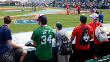 Mar 9, 2016; Bradenton, FL, USA; Boston Red Sox fans watch batting practice before the start of the spring training game between the Boston Red Sox and Pittsburgh Pirates at McKechnie Field. Mandatory Credit: Jonathan Dyer-USA TODAY Sports