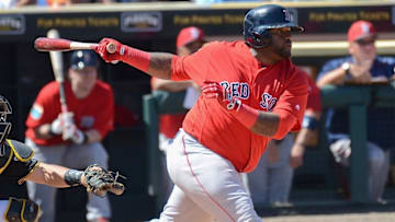 Mar 9, 2016; Bradenton, FL, USA; Boston Red Sox infielder Pablo Sandoval (48) hits a pop fly in the third inning of the spring training game against the Pittsburgh Pirates at McKechnie Field. Mandatory Credit: Jonathan Dyer-USA TODAY Sports