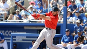 Mar 11, 2016; Dunedin, FL, USA; Boston Red Sox infielder Travis Shaw (47) singles in the first inning of the spring training game against the Toronto Blue Jays at Florida Auto Exchange Park. Mandatory Credit: Jonathan Dyer-USA TODAY Sports