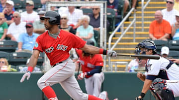 Mar 29, 2016; Fort Myers, FL, USA; Boston Red Sox left fielder Chris Young (30) connects for an RBI single during the third inning against the Minnesota Twins at CenturyLink Sports Complex. Mandatory Credit: Steve Mitchell-USA TODAY Sports