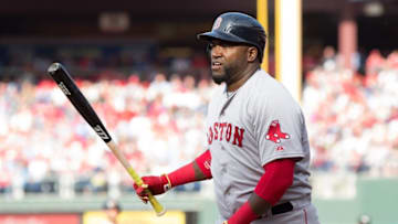 Apr 6, 2015; Philadelphia, PA, USA; Boston Red Sox designated hitter David Ortiz (34) walks away from the plate after an out against the Philadelphia Phillies during opening day at Citizens bank Park. The Red Sox won 8-0. Mandatory Credit: Bill Streicher-USA TODAY Sports