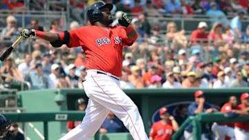 Mar 7, 2016; Fort Myers, FL, USA; Boston Red Sox designated hitter David Ortiz (34) hits a pop fly in the first inning of the spring training game against the Tampa Bay Rays at JetBlue Park. Mandatory Credit: Jonathan Dyer-USA TODAY Sports