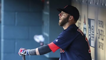 Apr 22, 2016; Houston, TX, USA; Boston Red Sox second baseman Dustin Pedroia (15) sits in the dugout before a game against the Houston Astros at Minute Maid Park. Mandatory Credit: Troy Taormina-USA TODAY Sports