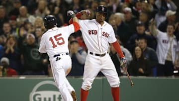 Apr 27, 2016; Boston, MA, USA; Boston Red Sox second baseman Dustin Pedroia (15) is congratulated by shortstop Xander Bogaerts (2) after hitting his second home run of the game during the eighth inning against the Atlanta Braves at Fenway Park. Mandatory Credit: Greg M. Cooper-USA TODAY Sports