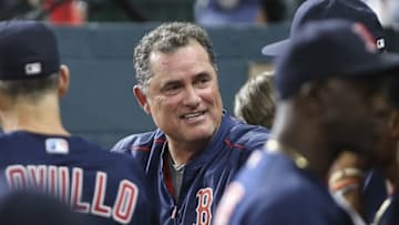 Apr 22, 2016; Houston, TX, USA; Boston Red Sox manager John Farrell (53) smiles in the dugout during the seventh inning against the Houston Astros at Minute Maid Park. Mandatory Credit: Troy Taormina-USA TODAY Sports