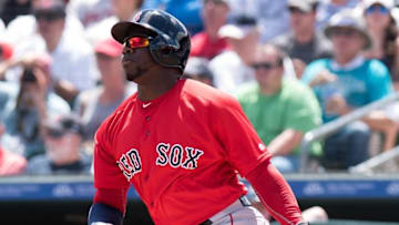 Mar 22, 2016; Jupiter, FL, USA; Boston Red Sox right fielder Rusney Castillo (38) at bat against the Miami Marlins during a spring training game at Roger Dean Stadium. Mandatory Credit: Steve Mitchell-USA TODAY Sports