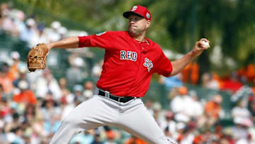 Mar 8, 2016; Sarasota, FL, USA; Boston Red Sox starting pitcher Brian Johnson (61) throws a pitch during the third inning against the Baltimore Orioles at Ed Smith Stadium. Mandatory Credit: Kim Klement-USA TODAY Sports