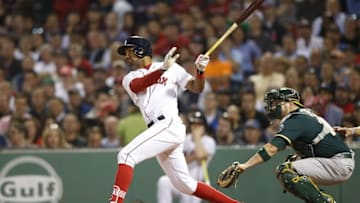 May 11, 2016; Boston, MA, USA; Boston Red Sox left fielder Chris Young (30) hits an RBI double during the third inning against the Oakland Athletics at Fenway Park. Mandatory Credit: Greg M. Cooper-USA TODAY Sports