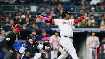 May 8, 2016; Bronx, NY, USA; Boston Red Sox designated hitter David Ortiz (34) hits a solo home run against the New York Yankees in the fourth inning at Yankee Stadium. Mandatory Credit: Andy Marlin-USA TODAY Sports