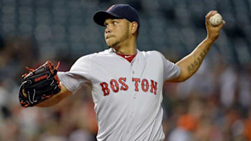 Sep 14, 2015; Baltimore, MD, USA; Boston Red Sox starting pitcher Eduardo Rodriguez (52) pitches during the first inning against the Baltimore Orioles at Oriole Park at Camden Yards. Mandatory Credit: Tommy Gilligan-USA TODAY Sports
