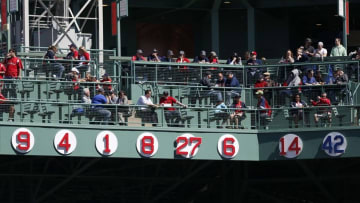 Apr 15, 2015; Boston, MA, USA; The number 42 hangs on the right field wall along with other numbers retired by the Boston Red Sox in honor of Jackie Robinson during the second inning against the Washington Nationals at Fenway Park. Mandatory Credit: Greg M. Cooper-USA TODAY Sports