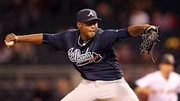 May 18, 2016; Pittsburgh, PA, USA; Atlanta Braves starting pitcher Julio Teheran (49) pitches against the Pittsburgh Pirates during the eighth inning at PNC Park. The Braves won 3-1. Mandatory Credit: Charles LeClaire-USA TODAY Sports