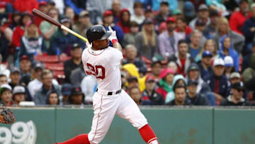 Jun 5, 2016; Boston, MA, USA; Boston Red Sox left fielder Chris Young (30) follows through on a solo home run off of Toronto Blue Jays starting pitcher Marco Estrada (not pictured), breaking up his no hitter during the eighth inning at Fenway Park. Mandatory Credit: Winslow Townson-USA TODAY Sports