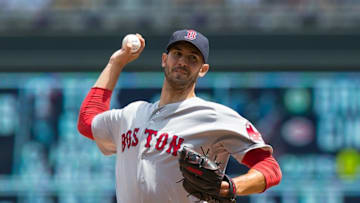 Jun 12, 2016; Minneapolis, MN, USA; Boston Red Sox starting pitcher Rick Porcello (22) pitches in the fifth inning against the Minnesota Twins at Target Field. Mandatory Credit: Brad Rempel-USA TODAY Sports
