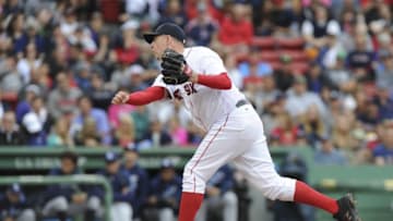 Jul 10, 2016; Boston, MA, USA; Boston Red Sox relief pitcher Brad Ziegler (29) throws a pitch during the ninth inning against the Tampa Bay Rays at Fenway Park. Mandatory Credit: Bob DeChiara-USA TODAY Sports