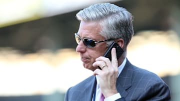 Jul 5, 2016; Boston, MA, USA; Boston Red Sox president of baseball operations Dave Dombrowski speaks on the phone prior to a game against the Texas Rangers at Fenway Park. Mandatory Credit: Mark L. Baer-USA TODAY Sports