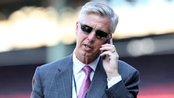 Jul 5, 2016; Boston, MA, USA; Boston Red Sox president of baseball operations Dave Dombrowski speaks on the phone prior to a game against the Texas Rangers at Fenway Park. Mandatory Credit: Mark L. Baer-USA TODAY Sports