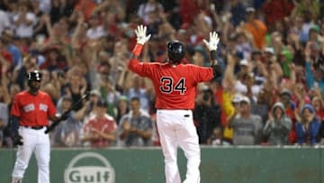 Jul 1, 2016; Boston, MA, USA; Boston Red Sox designated hitter David Ortiz (34) celebrates after hitting a home run against the Los Angeles Angels during the fifth inning at Fenway Park. Mandatory Credit: Mark L. Baer-USA TODAY Sports