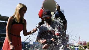Jul 31, 2016; Anaheim, CA, USA; Boston Red Sox first baseman Hanley Ramirez (back) pours liquid on second baseman Dustin Pedroia (front) after the game against the Los Angeles Angels at Angel Stadium of Anaheim. The Boston Red Sox won 5-3. Mandatory Credit: Kelvin Kuo-USA TODAY Sports