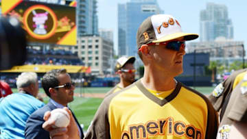 Jul 11, 2016; San Diego, CA, USA; American League pitcher Steven Wright (35) of the Boston Red Sox walks off the field after workout day before the MLB All Star Game at PetCo Park. Mandatory Credit: Jake Roth-USA TODAY Sports