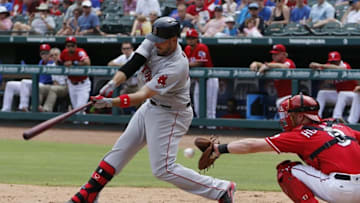 Jun 26, 2016; Arlington, TX, USA; Boston Red Sox third baseman Travis Shaw (47) strikes out in the fourth inning against the Texas Rangers at Globe Life Park in Arlington. Mandatory Credit: Tim Heitman-USA TODAY Sports