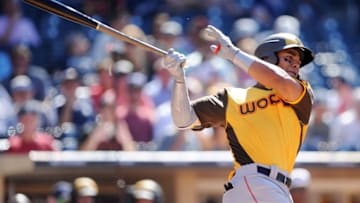 Jul 10, 2016; San Diego, CA, USA; World infielder Yoan Moncada at bat in the first inning during the All Star Game futures baseball game at PetCo Park. Mandatory Credit: Gary A. Vasquez-USA TODAY Sports