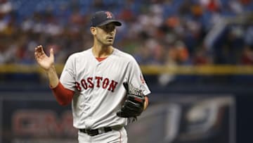 Jun 28, 2016; St. Petersburg, FL, USA; Boston Red Sox starting pitcher Rick Porcello (22) reacts at the end of the third inning against the Tampa Bay Rays at Tropicana Field. Mandatory Credit: Kim Klement-USA TODAY Sports