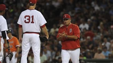 Jul 20, 2016; Boston, MA, USA; Boston Red Sox manager John Farrell (53) walks to the mound to relieve starting pitcher Drew Pomeranz (31) during the fourth inning against the San Francisco Giants at Fenway Park. Mandatory Credit: Bob DeChiara-USA TODAY Sports