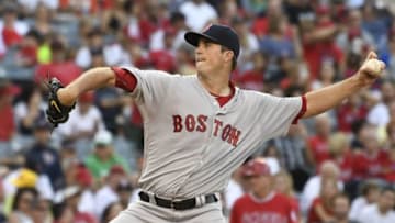 Jul 30, 2016; Anaheim, CA, USA; Boston Red Sox starting pitcher Drew Pomeranz throws a pitch in the first inning against the Los Angeles Angels during the baseball game at Angel Stadium of Anaheim. Mandatory Credit: Richard Mackson-USA TODAY Sports