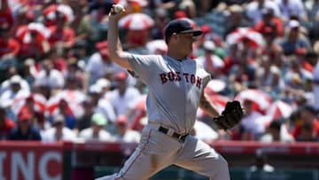 Jul 31, 2016; Anaheim, CA, USA; Boston Red Sox starting pitcher Steven Wright (35) pitches against the Los Angeles Angels during the first inning at Angel Stadium of Anaheim. Mandatory Credit: Kelvin Kuo-USA TODAY Sports