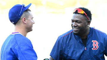 Aug 5, 2016; Los Angeles, CA, USA; Boston Red Sox designated hitter David Ortiz (34) meets Los Angeles Dodgers center fielder Joc Pederson (31) before the game at Dodger Stadium. Mandatory Credit: Jayne Kamin-Oncea-USA TODAY Sports